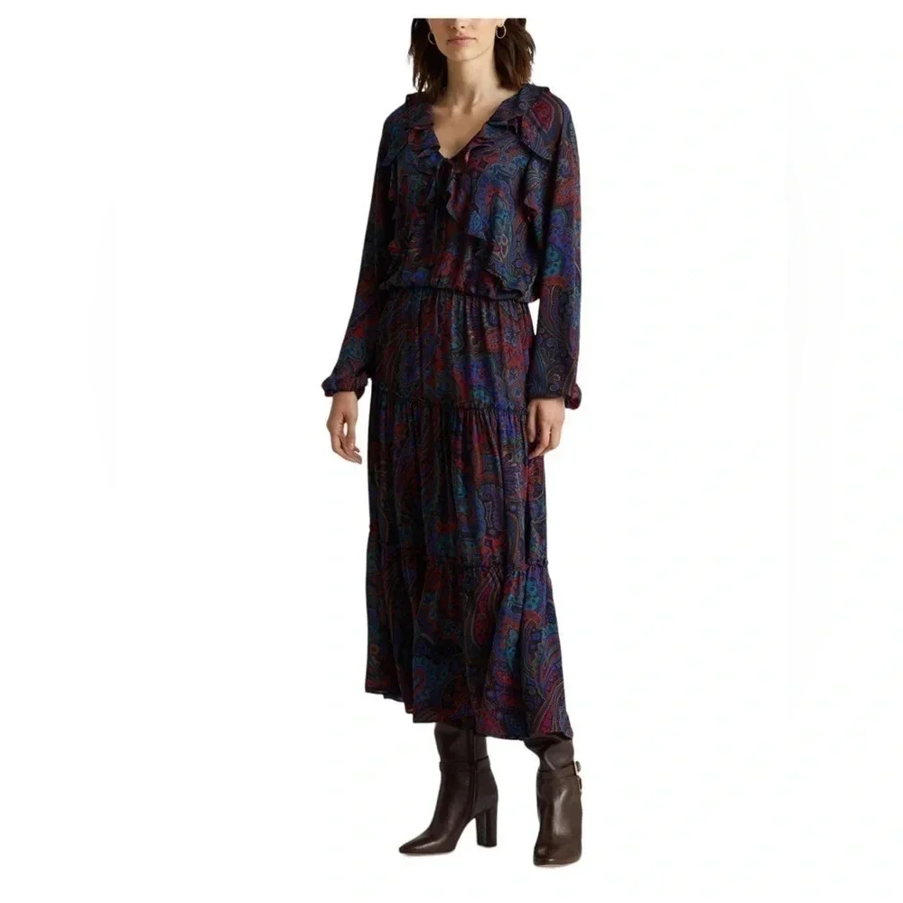 NWT Lauren Ralph Lauren Paisley Georgette Long Sleeve Dress Navy Multi Size 4 - Picture 1 of 10